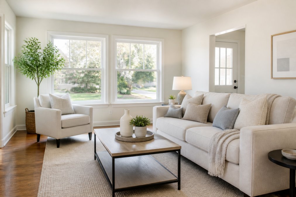 A bright, freshly staged living room with minimal decor, neutral tones, and neatly arranged furniture, natural light streaming through clean windows, no personal photographs on walls, a single neutral throw on the sofa