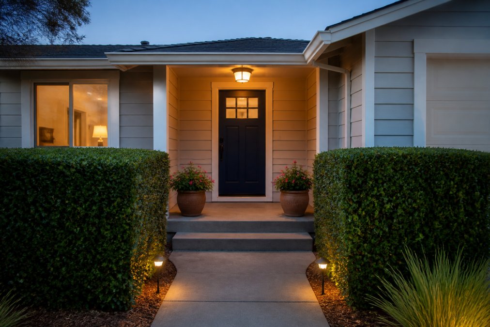 The front exterior of a well-maintained single-story home at dusk, trimmed hedges flanking a freshly painted navy front door, two terracotta pots with flowering plants on either side of the entrance, warm porch light glowing above