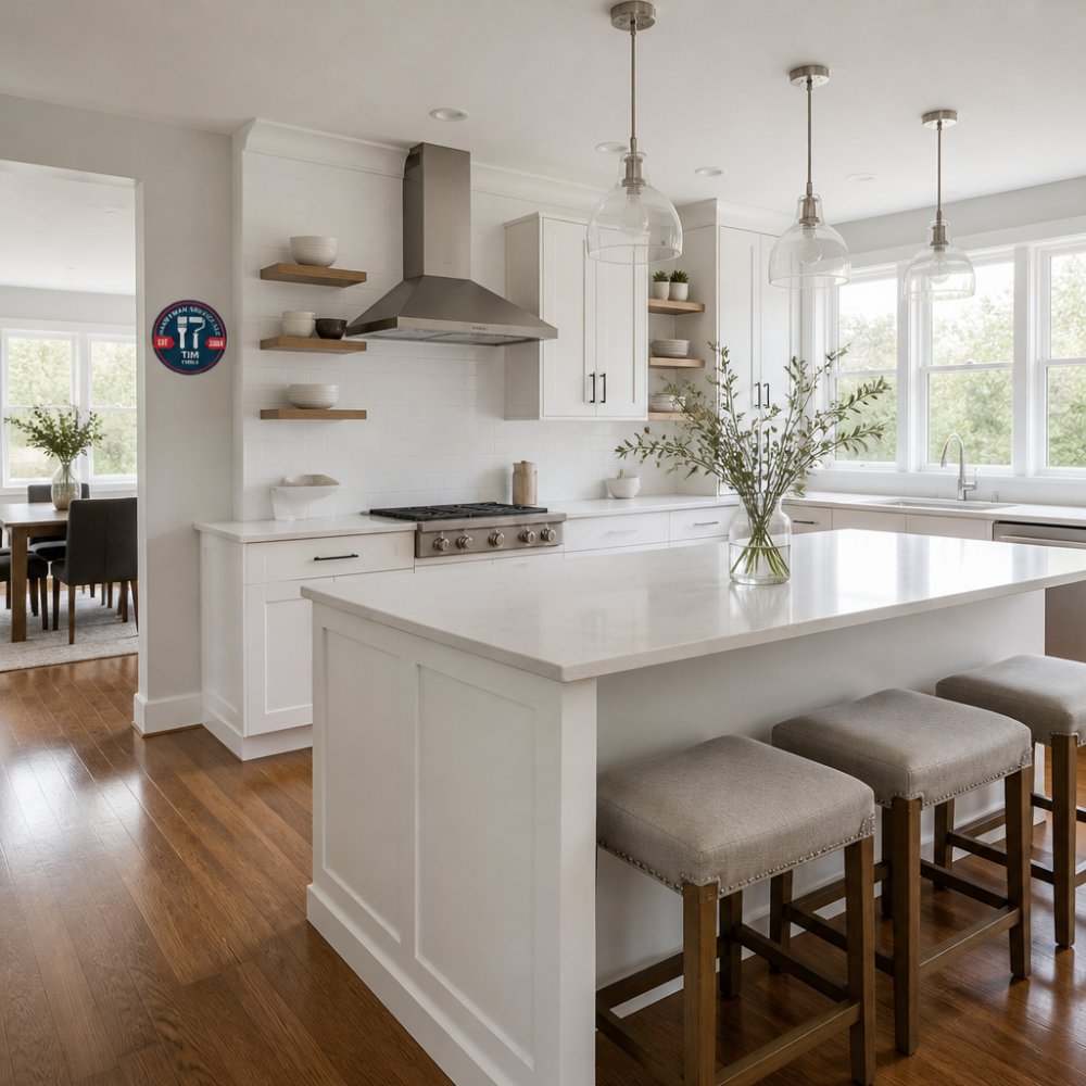 Modern kitchen with neutral white cabinetry, open shelving with minimal decor, natural light from large windows, clean countertops with a single vase, hardwood flooring visible extending into dining area