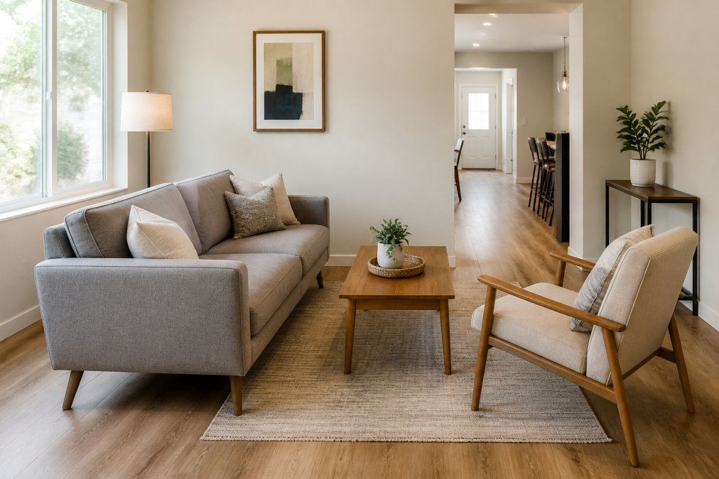 A small living room with a compact gray sofa angled toward a low wood coffee table, a single armchair positioned to create a conversation area, light wood flooring visible throughout, soft natural light from a window on the left, minimal wall decor with neutral colors, and clear sightlines to the rest of the space