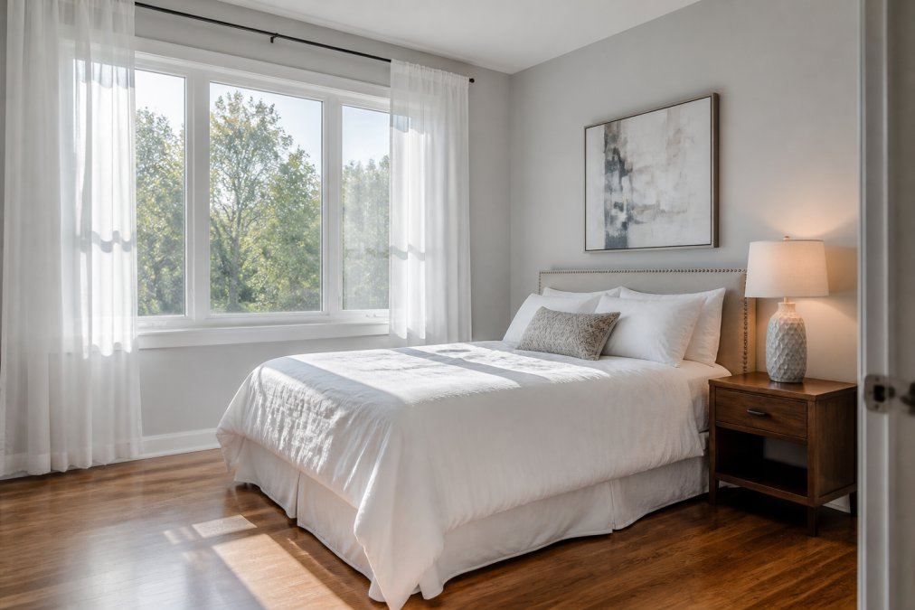A small bedroom with bright natural light streaming through large windows with white sheer curtains, soft neutral gray walls, white bedding, minimal furniture, a small wooden nightstand with a single lamp, polished light wood flooring, and a single piece of abstract art on the wall