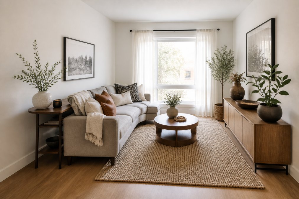 Diagram illustrating an efficient furniture layout for a small living room with corner seating and clear pathways.
