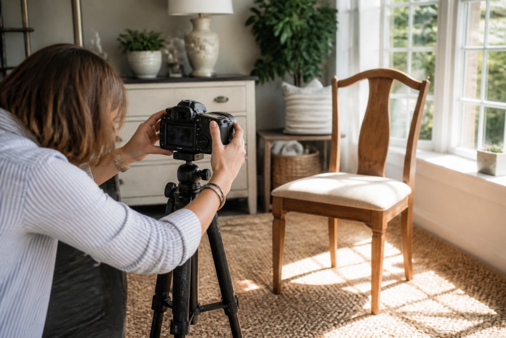 Photographer's hands adjusting a professional camera on a tripod positioned to capture a wooden dining chair in natural window light, with soft shadows across the chair's surface