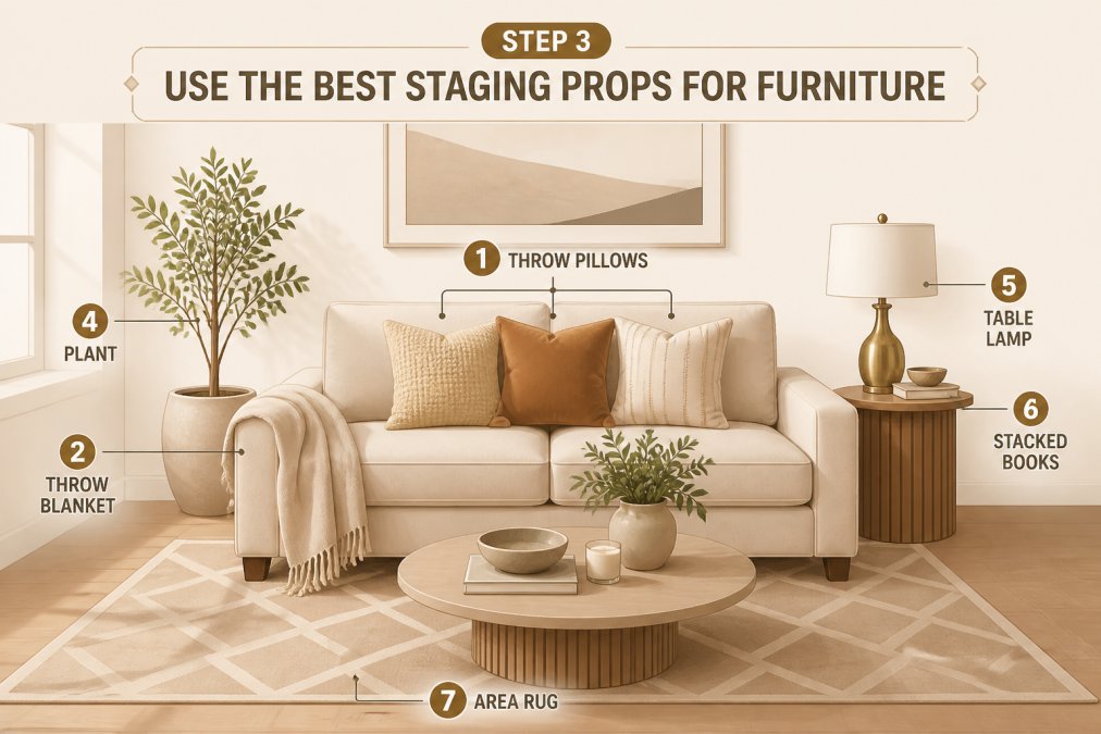 Styled living room vignette with a cream-colored sofa staged with three throw pillows in varying textures and colors, a folded linen throw blanket draped over one arm, a side table with a brass table lamp and stacked books, a potted plant, and a geometric area rug anchoring the seating arrangement in warm natural light