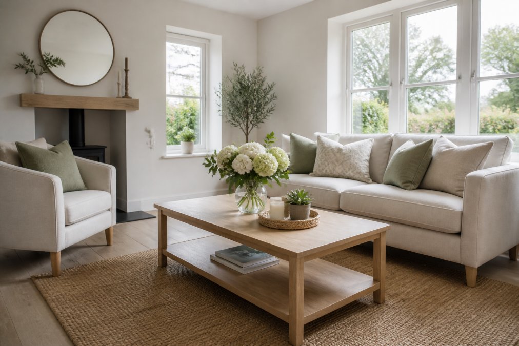 A bright, neutral living room prepared for property photography: decluttered surfaces, plumped cushions, fresh flowers on a coffee table, and natural light streaming through clean windows