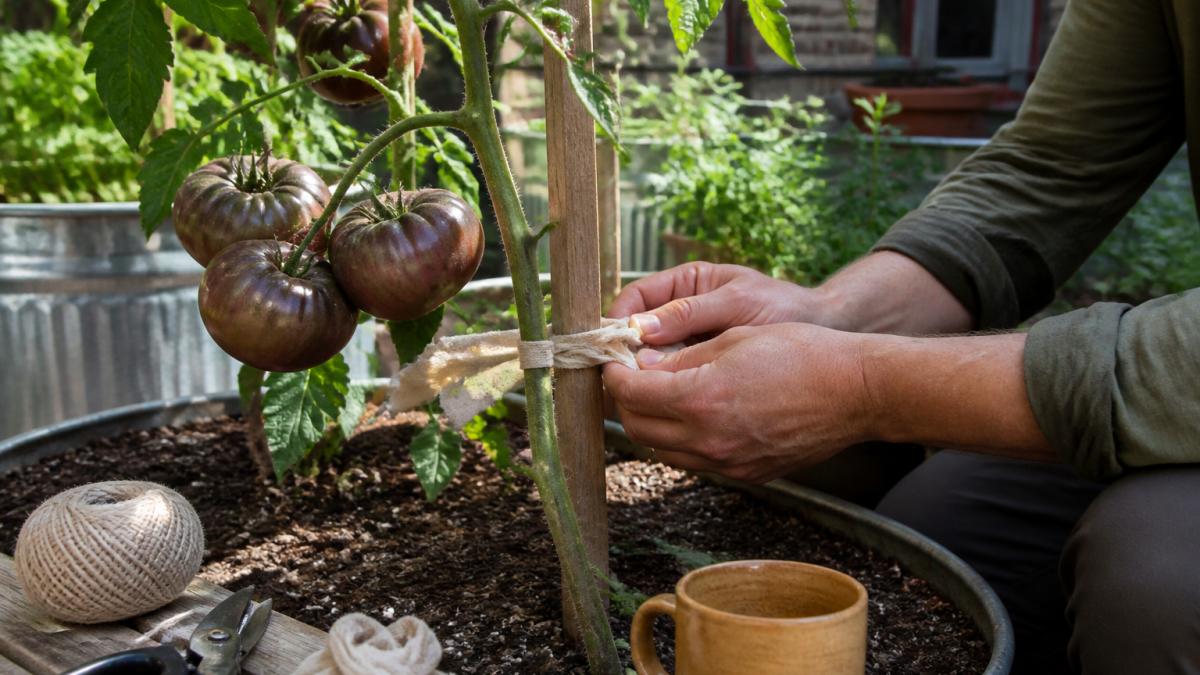 A gardener's hands tying a soft cloth strip around a thick heirloom tomato stem and a wooden stake in a sunny raised bed, with dark purple Cherokee Purple tomatoes visible on the vine