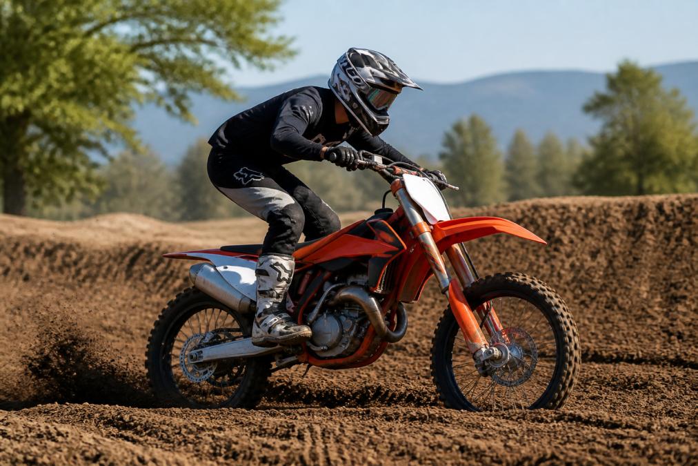 Motocross rider in full attack position on a dirt bike mid-track, knees bent and gripping the bike firmly, body hinged forward at hips, elbows raised high, intense focus on terrain ahead