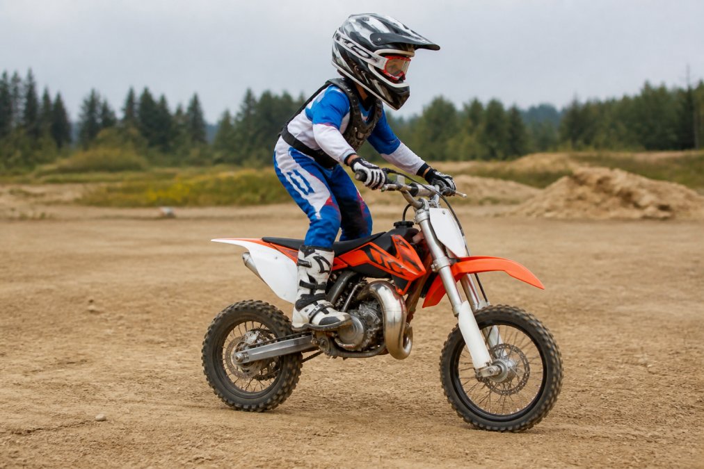 Young motocross rider practicing low-speed balance drill in an open dirt area, standing on pegs with proper leg grip and posture, knees bent and elbows up, focused on technique