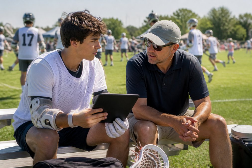 A high school athlete talking with a college coach on the sideline of a tournament field, holding a tablet showing game film, with other players warming up in the background