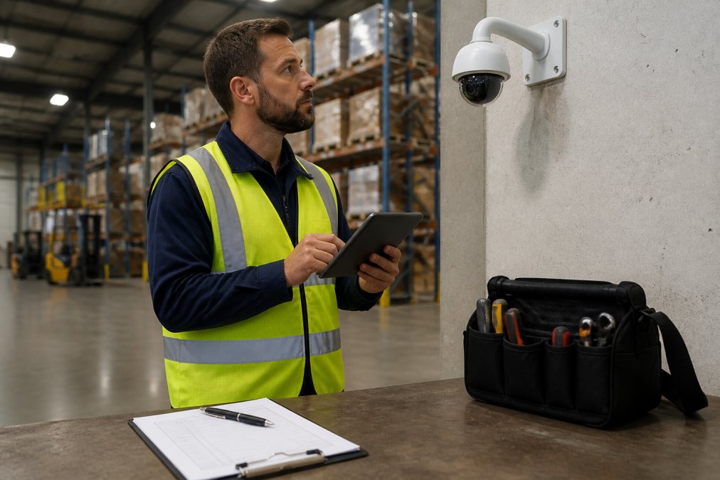 Technician inspecting a warehouse IP camera to help standardize security hardware across sites