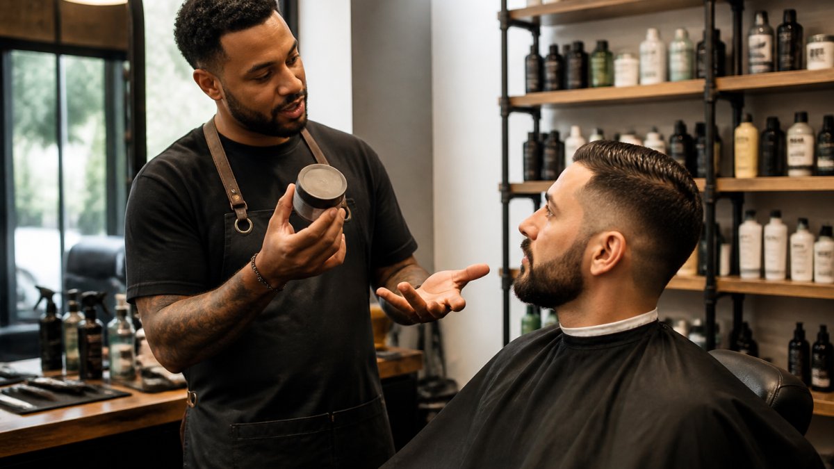 Barber explaining the benefits of a grooming product to a client in a well-lit shop with retail shelves