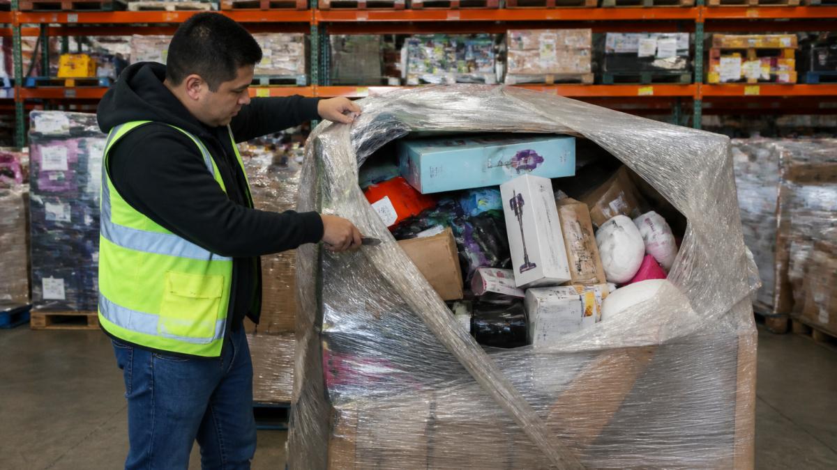 Warehouse worker opening a liquidation pallet for a bin store business