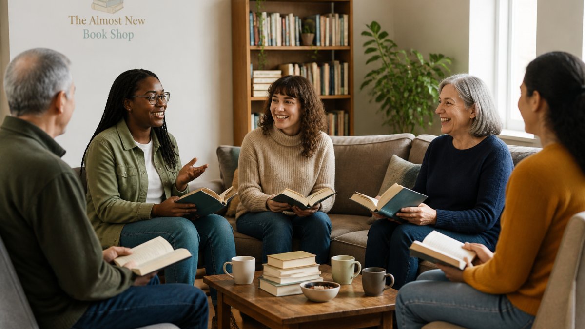 Small group of diverse readers sitting together with books, having an animated conversation in a casual living room setting with warm lighting