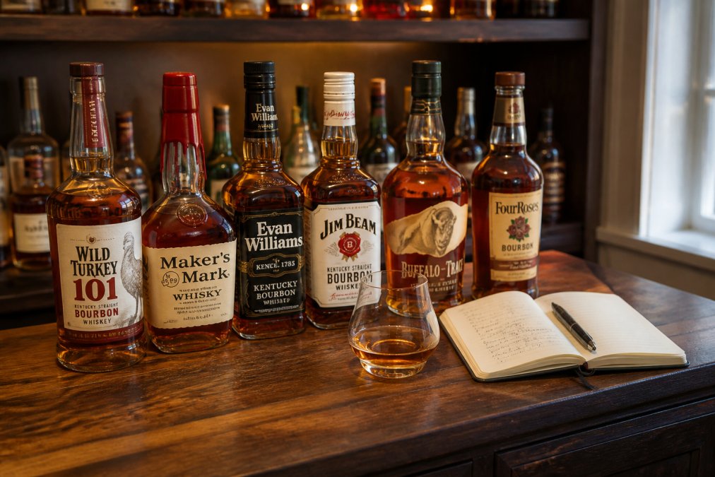 A well-lit home bar shelf with several affordable bourbon bottles of varying shapes and labels, a glass with amber liquid, and a small notebook with handwritten tasting notes nearby