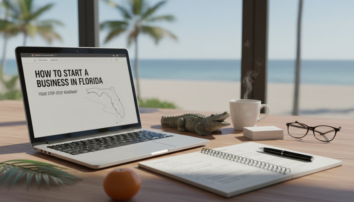 A focused entrepreneur sitting at a clean wooden desk in a bright Florida office, reviewing business formation documents with a laptop open beside them, natural window light casting soft shadows across the paperwork