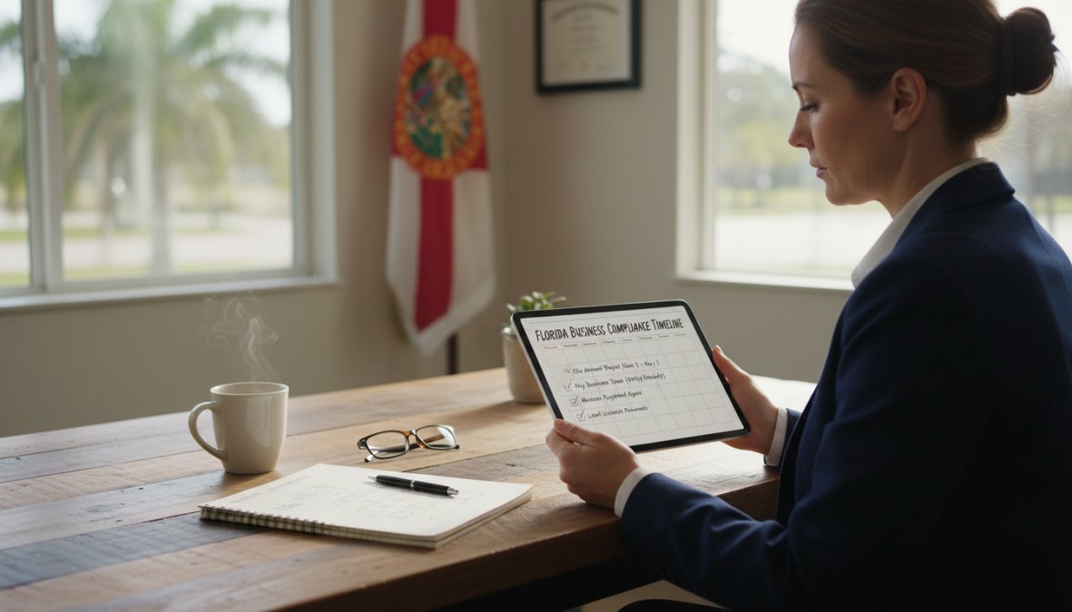 A small business owner in a professional office setting reviewing a calendar and compliance checklist on a tablet, with a notepad and coffee cup on the desk, warm overhead lighting