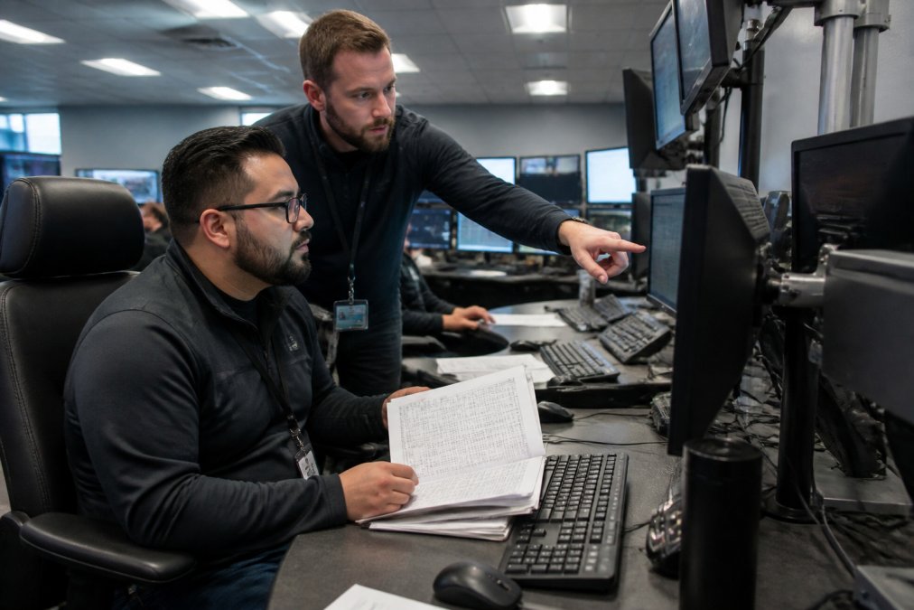 An aircraft dispatcher reviewing flight plans and weather data with a colleague at a modern operations center.