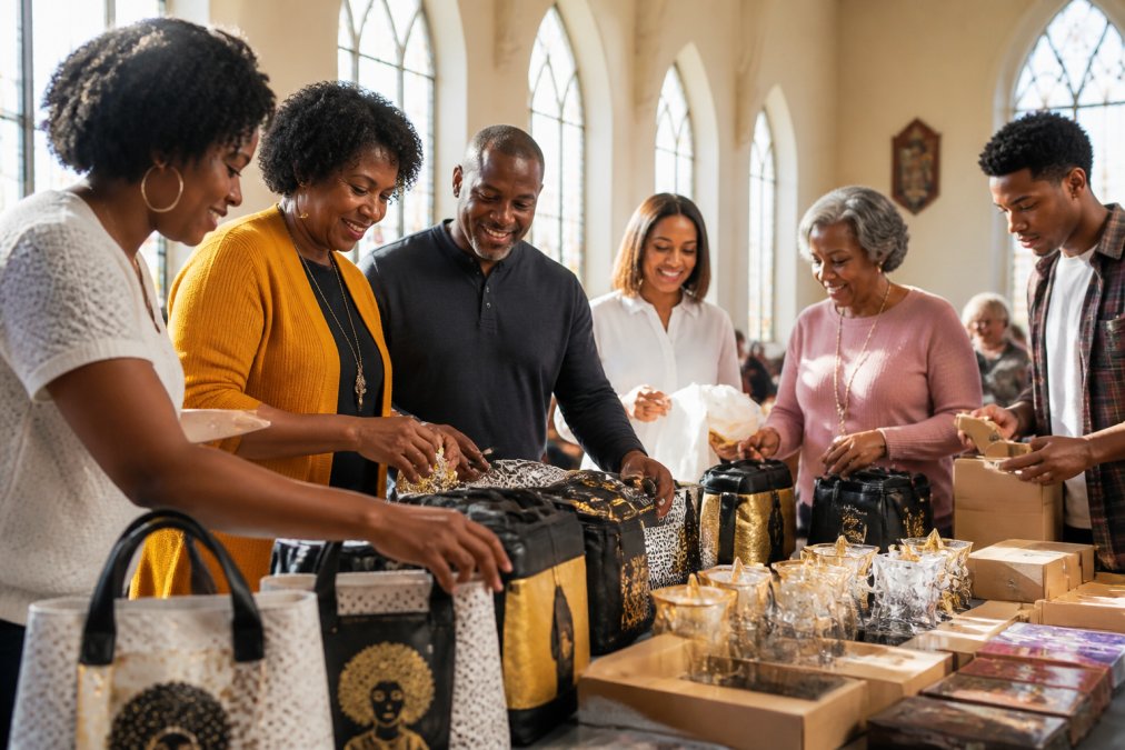 A diverse group of church volunteers working together at a community fundraiser table, smiling and organizing culturally inspired gift products and materials, with natural afternoon lighting streaming through church windows