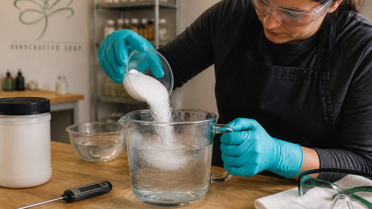Close-up of hands wearing protective gloves and goggles pouring sodium hydroxide solution into distilled water in a glass measuring container, with safety equipment and thermometer visible on wooden work surface