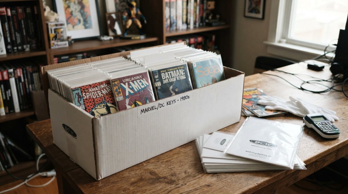A neat stack of bagged and boarded comic books inside an open cardboard long box, with mylar bags and acid-free boards visible nearby on a wooden table under warm lighting