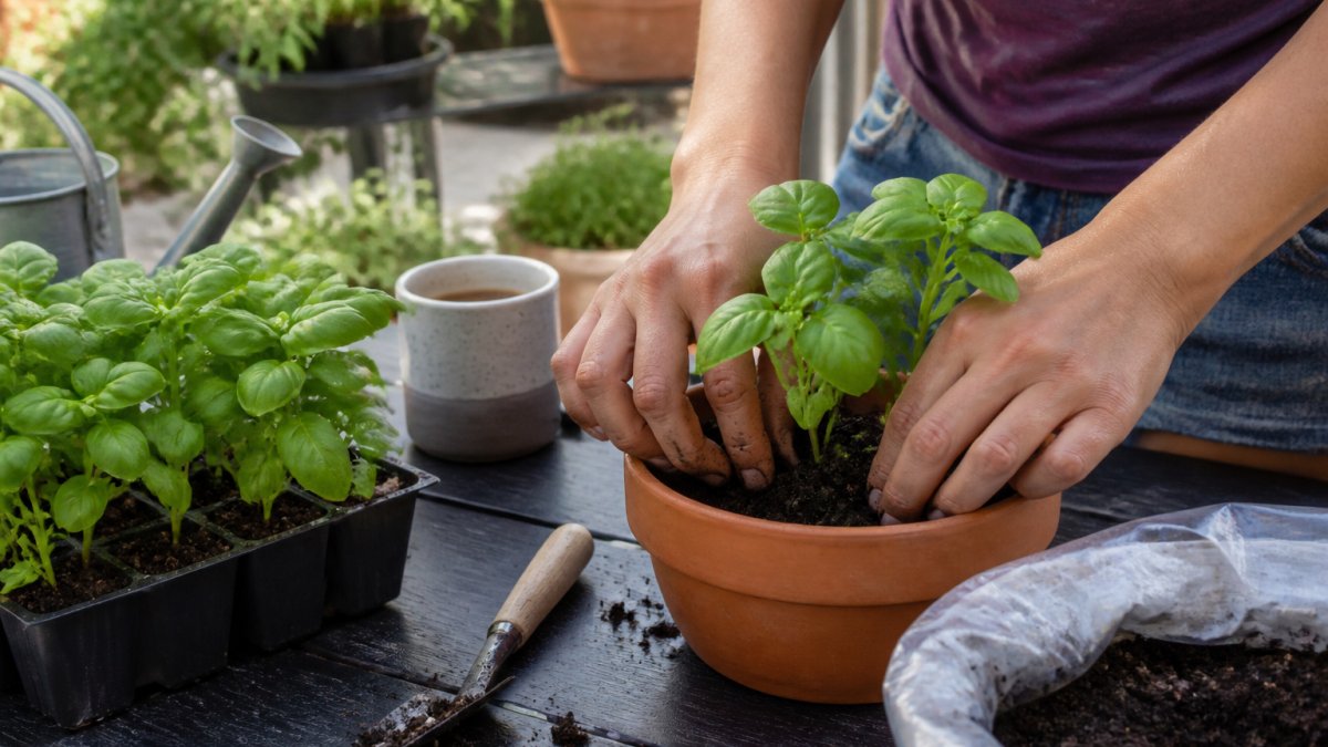 Close-up of hands planting basil seedlings in a terracotta pot filled with potting soil on a sunny patio table