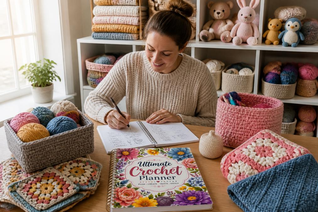 Crocheter at home desk surrounded by colorful yarn in organized bins, finished handmade items including blankets and baskets displayed on shelves, open notebook with business sketches and product ideas, natural window lighting