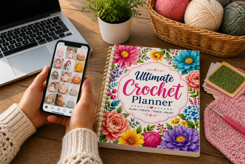Hands holding smartphone displaying Instagram feed with professional crochet product photos in natural lighting, laptop with analytics open nearby, printed crochet planner and color swatches on wooden desk