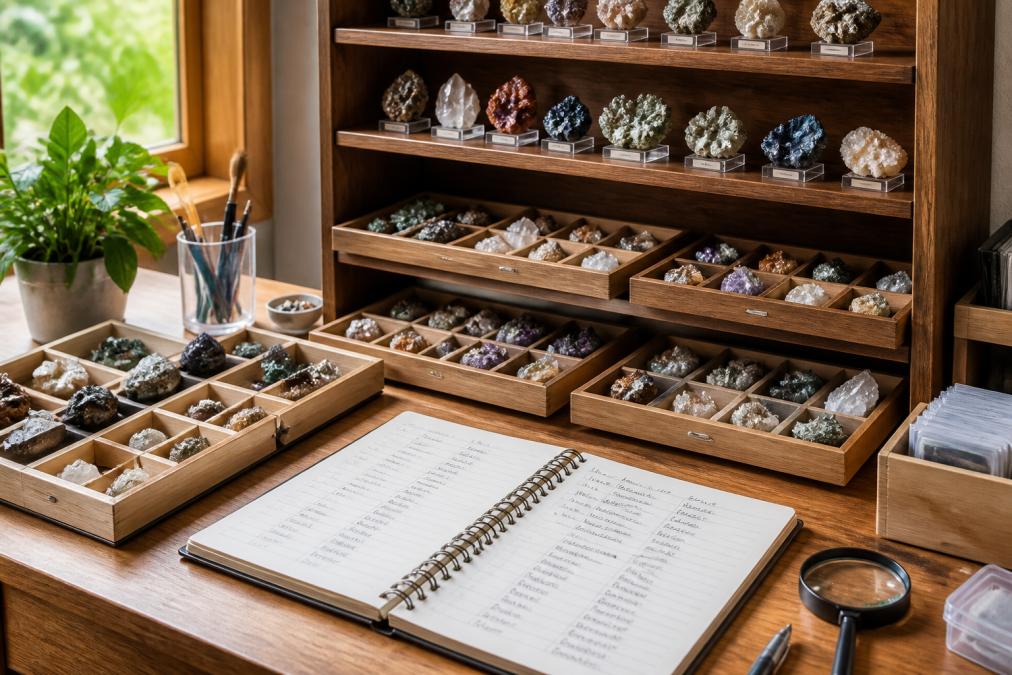A wooden display shelf with small labeled crystal specimens arranged in shallow wooden trays and on acrylic stands, with a handwritten inventory notebook open beside them on a light-filled wooden desk