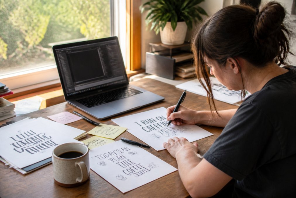 A person at a home desk sketching funny t-shirt slogans on paper next to a laptop showing a design program, coffee mug nearby, warm afternoon light through a window