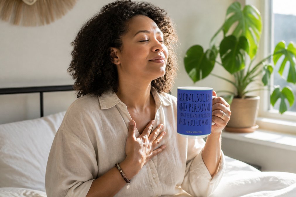 Woman in morning light holding an inspirational mug, speaking affirmations to herself with calm, intentional expression in a sunlit bedroom