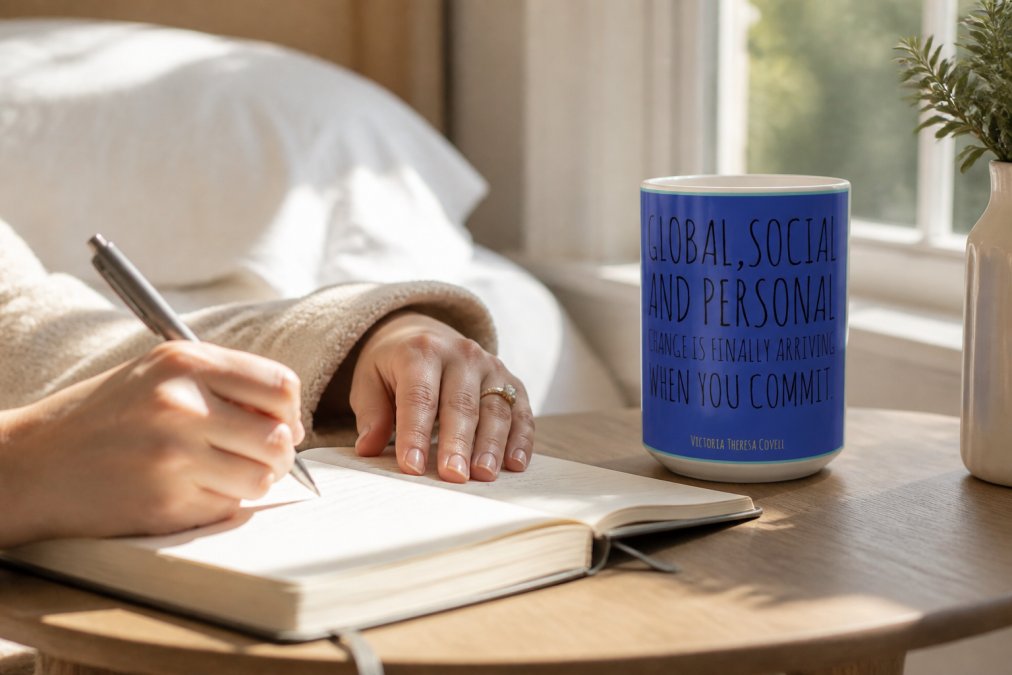 Close-up of hands writing in a journal next to an inspirational mug on a bedside table, morning sunlight streaming in through a window