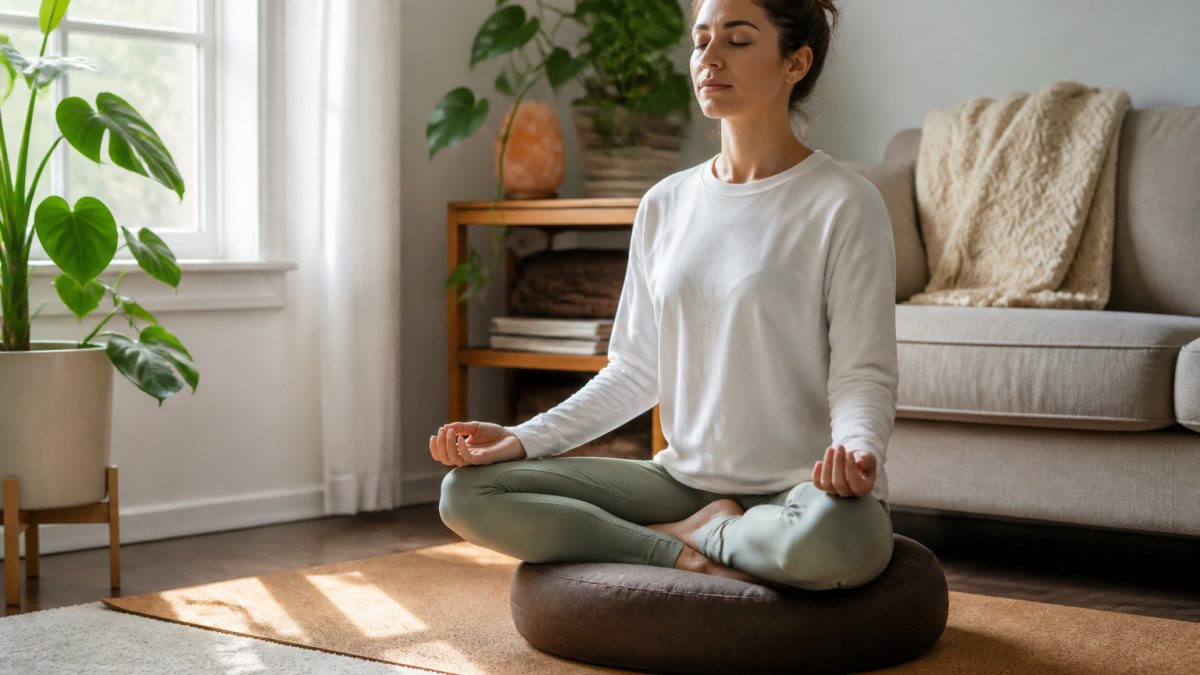 A person sitting cross-legged on a buckwheat meditation cushion on a cork mat in a softly lit living room corner, eyes gently closed, hands resting on knees, morning light through a window