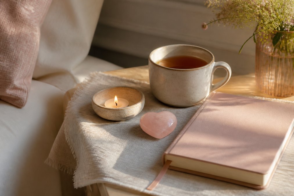 Infographic showing essential tools for a self care ritual, including a journal, tea, and rose quartz on a table.