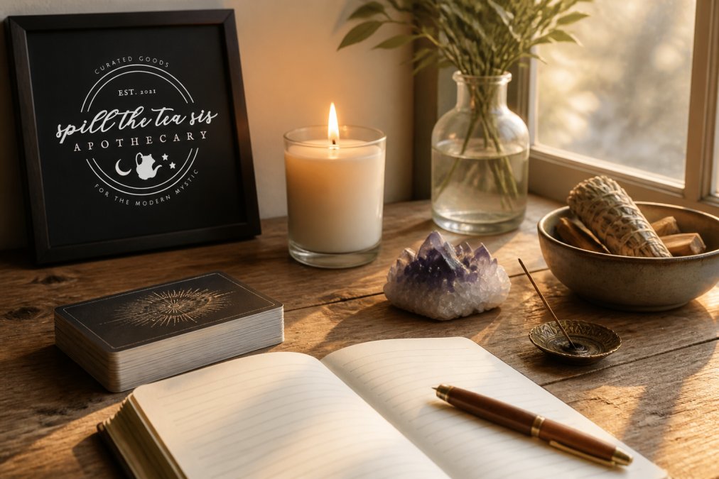 A cozy altar setup on a wooden table with a lit intention candle, a small crystal cluster, a tarot deck, and an open journal, soft morning light through a window