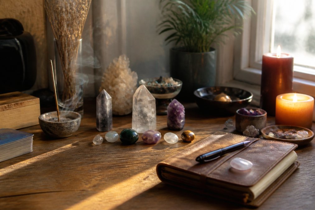 A serene home altar with lit candles, crystals arranged on a wooden surface, incense smoke curling upward, a journal nearby, and soft natural light filtering through a nearby window