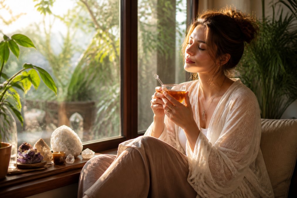 A person sitting peacefully in soft morning light by a window, holding a warm cup of tea with a crystal spoon, eyes closed in a moment of mindfulness and presence