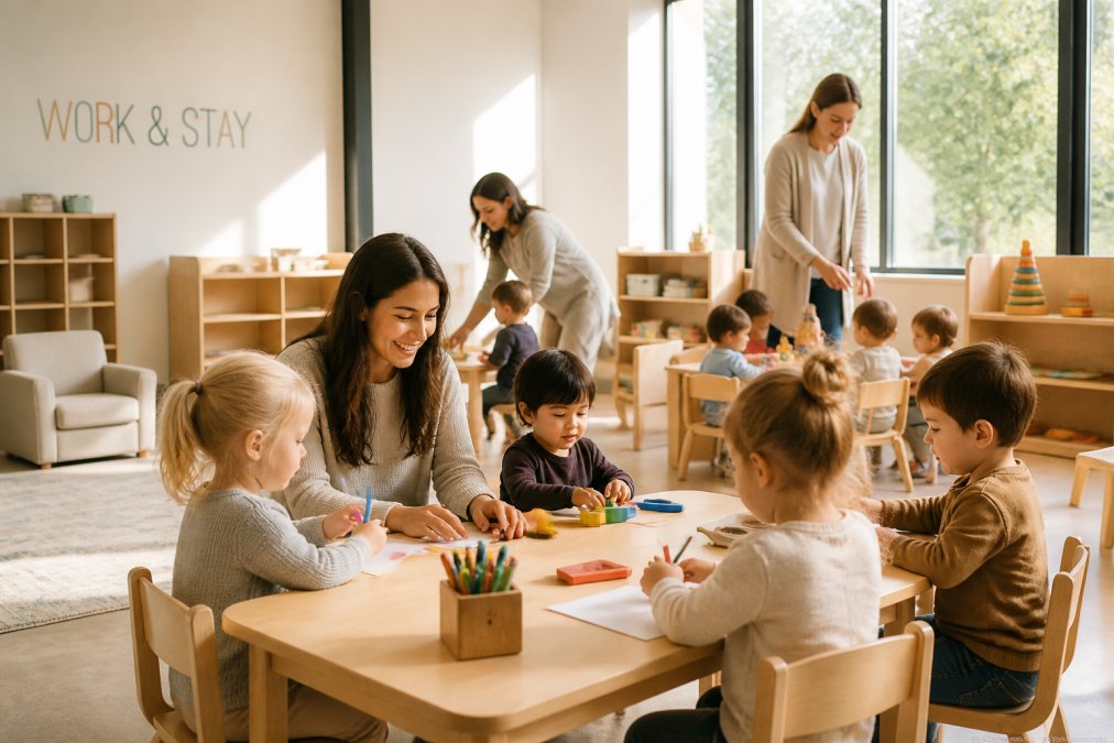 Childcare providers and staff members working together in a bright, organized classroom environment, with young children engaged in age-appropriate learning activities at tables and play stations, natural sunlight streaming through windows