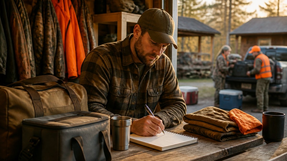Family in camouflage unloading hunting gear from a truck at a rustic cabin at dawn