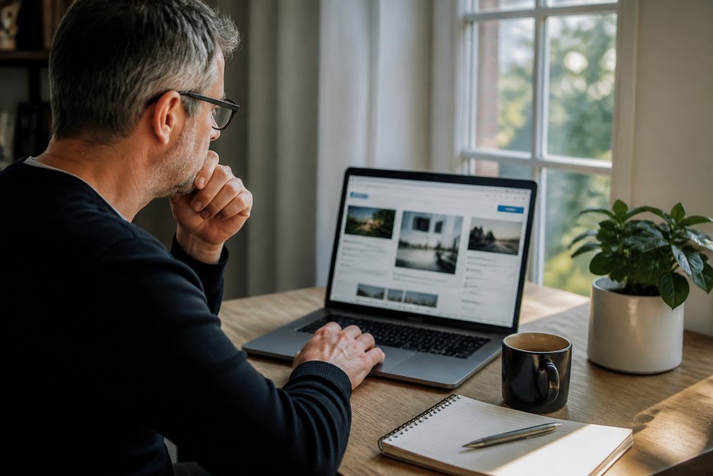 A person in their 40s working on a laptop at a home desk with a notebook and coffee, browsing a no-code website builder on screen, warm natural light
