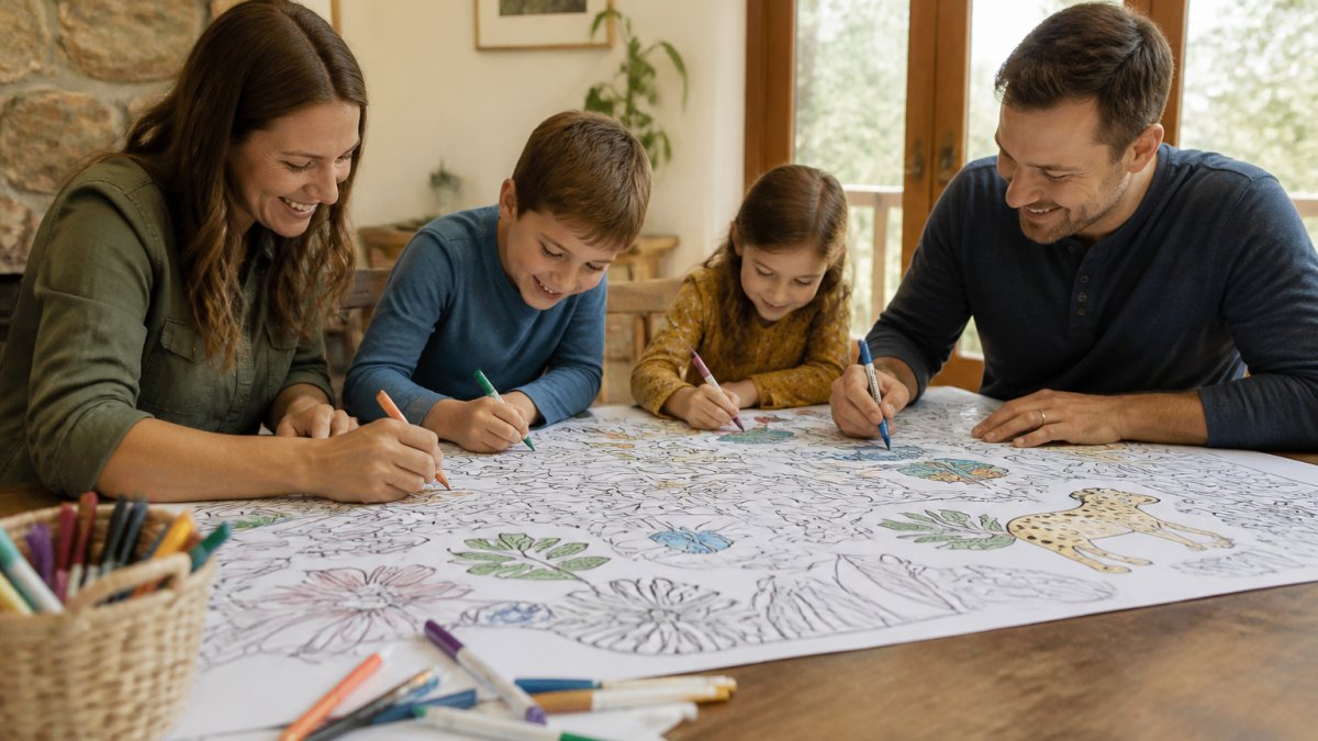 Infographic flowchart outlining screen-free family activities to replace digital time with creative coloring.