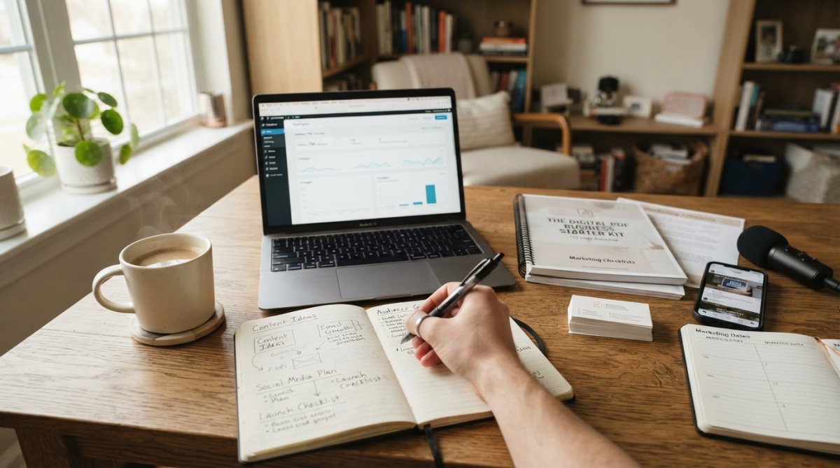 A stay-at-home parent working at a laptop in a bright home office with a coffee cup, focused on building their digital business