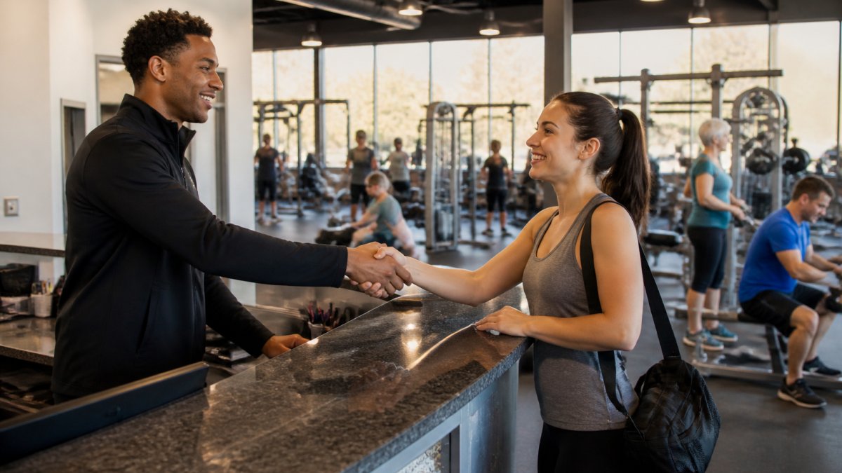 Welcoming gym environment with friendly staff greeting a new member at the front desk, showing a clean, well-lit facility with diverse equipment and people of different ages and fitness levels working out comfortably