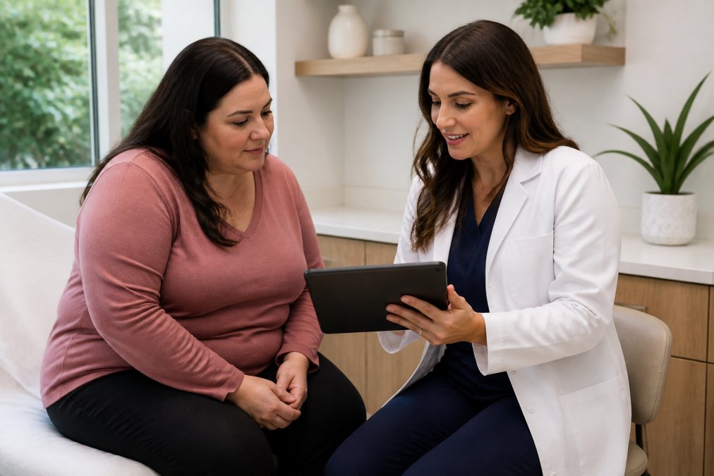 A friendly female doctor in a white coat talking with a middle-aged woman patient in a bright, modern clinic office, both looking at a tablet together with a warm, supportive atmosphere