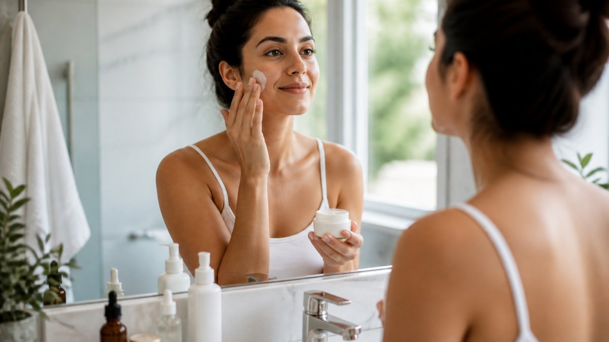 A woman in a bright bathroom applying moisturizer to her face, with a few minimal skin care products arranged on the counter beside her