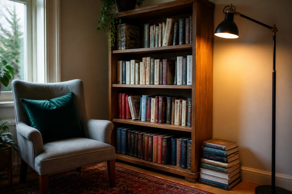 A cosy corner of a home with a wooden bookshelf holding a mix of hardbacks and paperbacks, a small stack of books on the floor beside it, and a reading lamp switched on