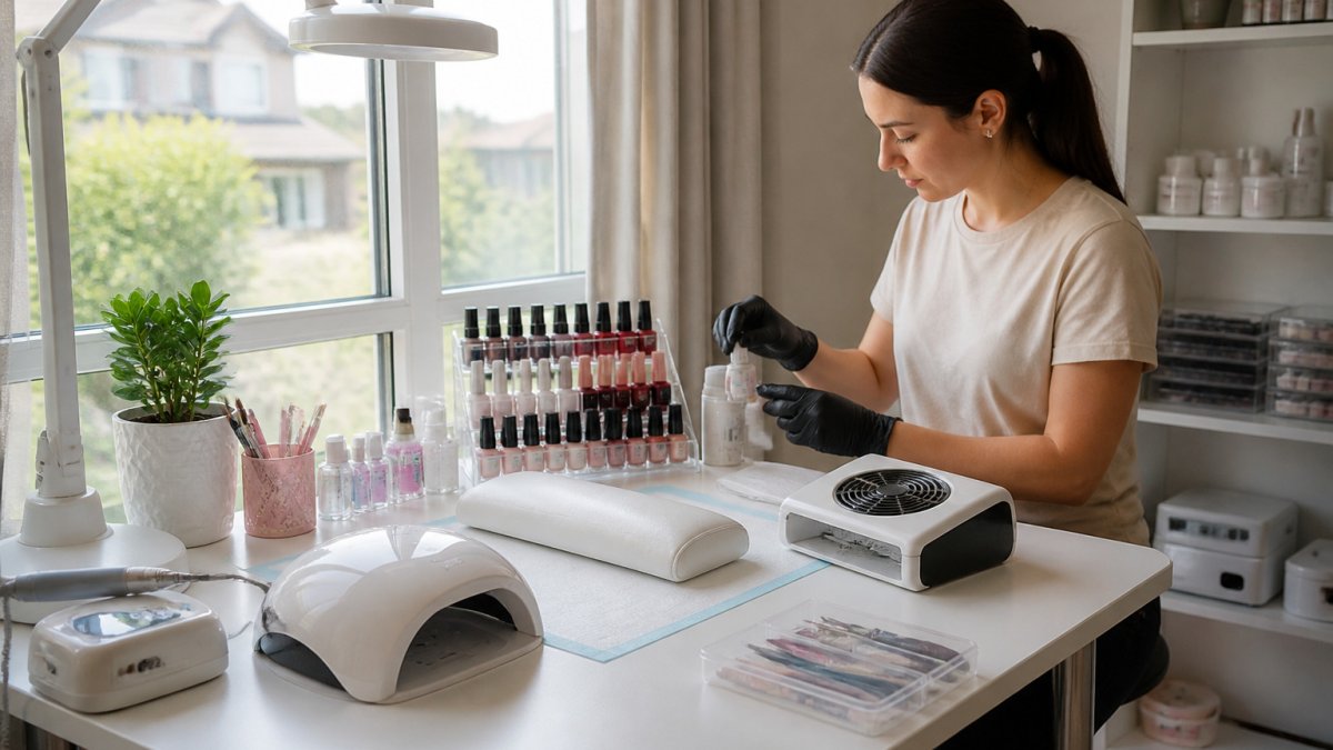 Infographic illustrating the essential setup for a home nail salon including workspace, equipment, and ventilation.
