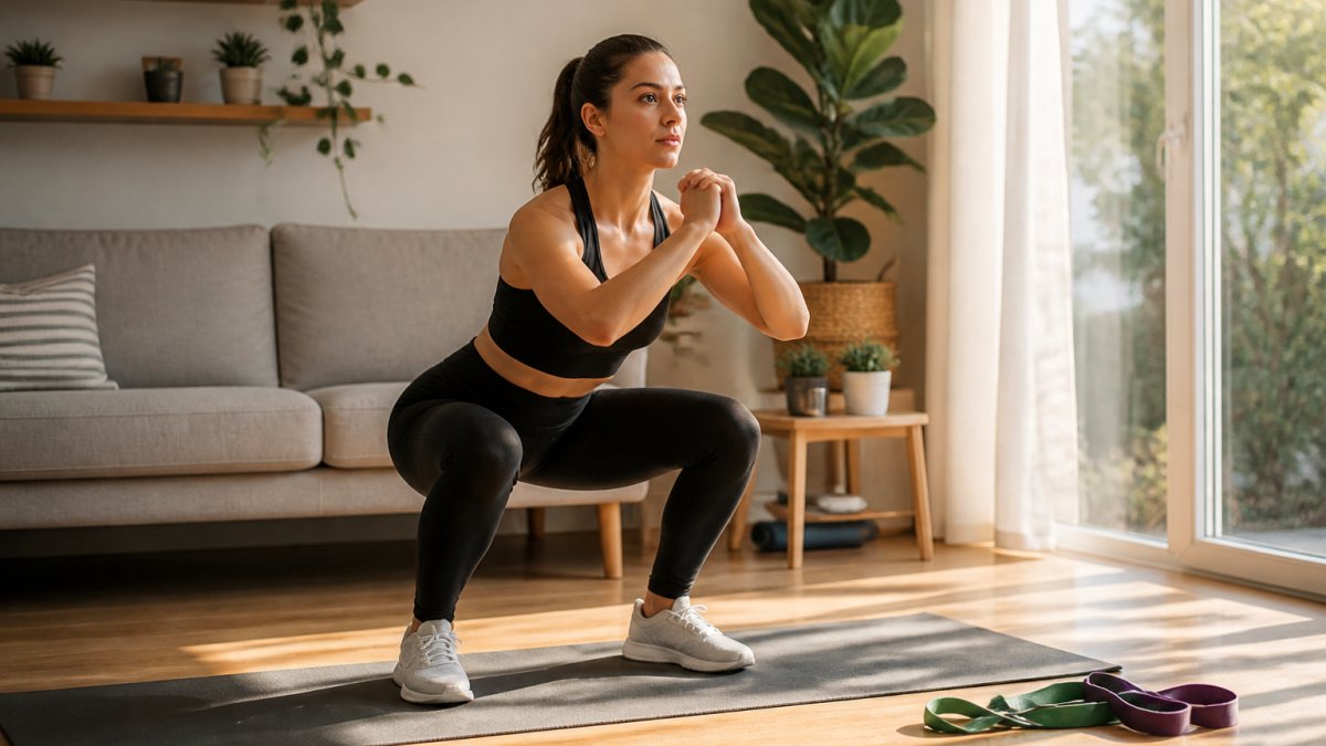 A person in comfortable workout clothes doing a bodyweight squat in a bright living room with a yoga mat and resistance bands nearby, morning light through the window