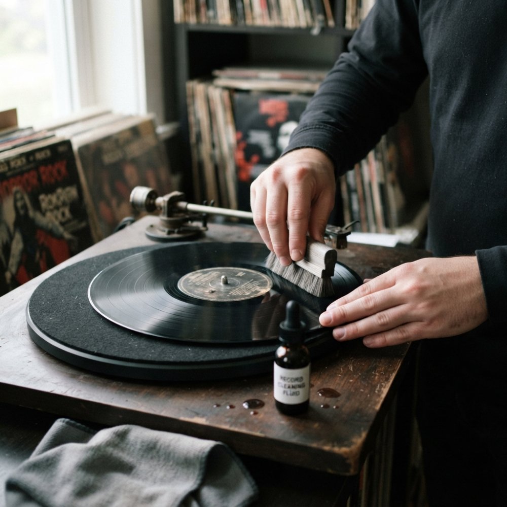 Close-up of hands carefully cleaning a vinyl record with a soft brush and record cleaning solution, showing proper technique and care