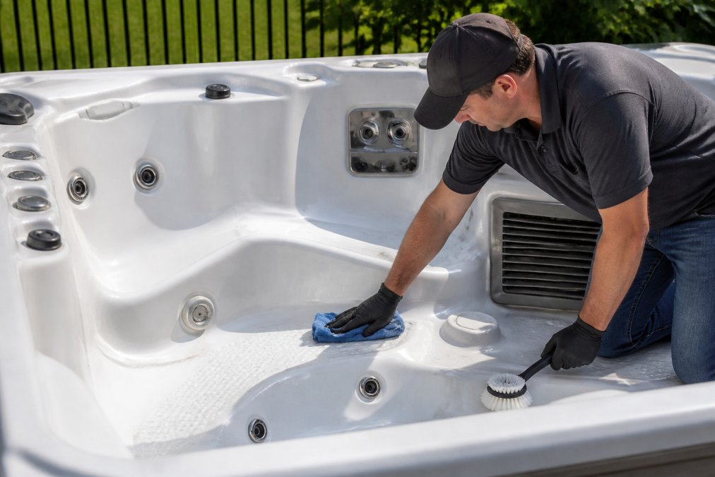 Homeowner cleaning the interior of an empty hot tub shell with a microfiber cloth and soft brush, showing the acrylic surface clearly in natural daylight