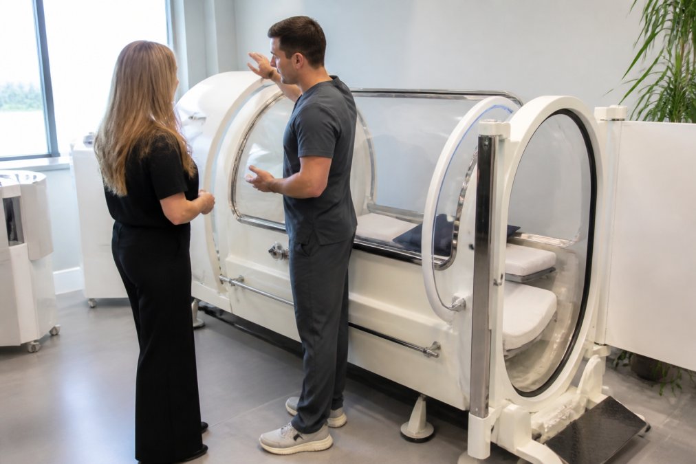 Clinic owner and technician inspecting a modern monoplace chamber for a hyperbaric oxygen therapy business.